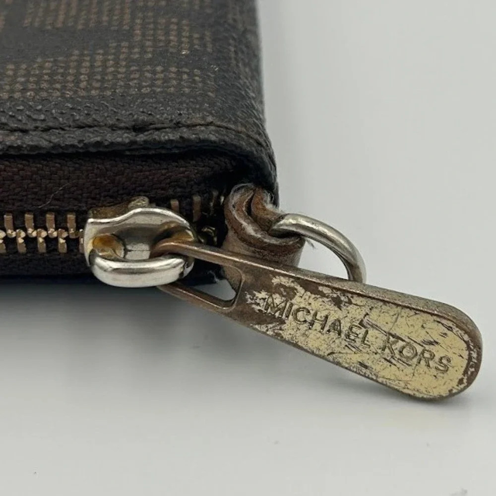 Michael Kors Dark Brown‎ Monogram MK Logo Zip Around Wallet Goldtone Hardware